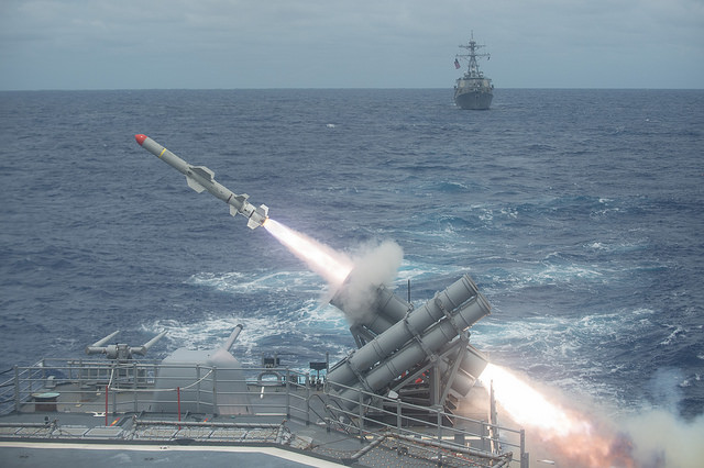 Harpoon anti-ship missile is launched from the Ticonderoga-class guided-missile cruiser USS Shiloh (CG 67) during a live-fire exercise. Shilih is part of Japan-based Carrier Strike Group Five. Taiwan and Japan also posses Harpoon ASMs. Image Credit: CC BY 2.0 Official U.S. Navy Page/Flickr.