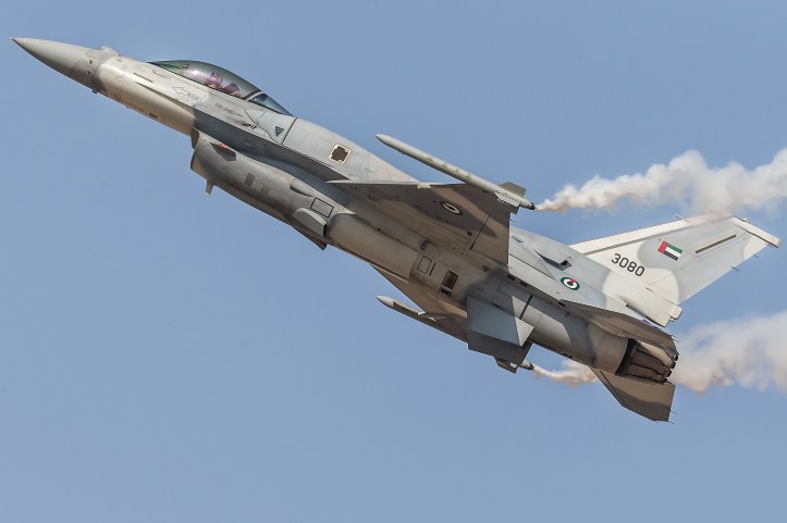 F-16E of United Arabian Emirates Air Forces during Dubai Air Show 2013. F-16E is the latest upgrade of F-16 in service. Taiwan's upgrade would give ROCAF similar capability. Image Credit: CC by Alexander Babashov/Flickr.